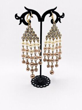 Vintage Givenchy Rhinestone & Faux Pearl Chandelier Earrings Gold Tone Statement